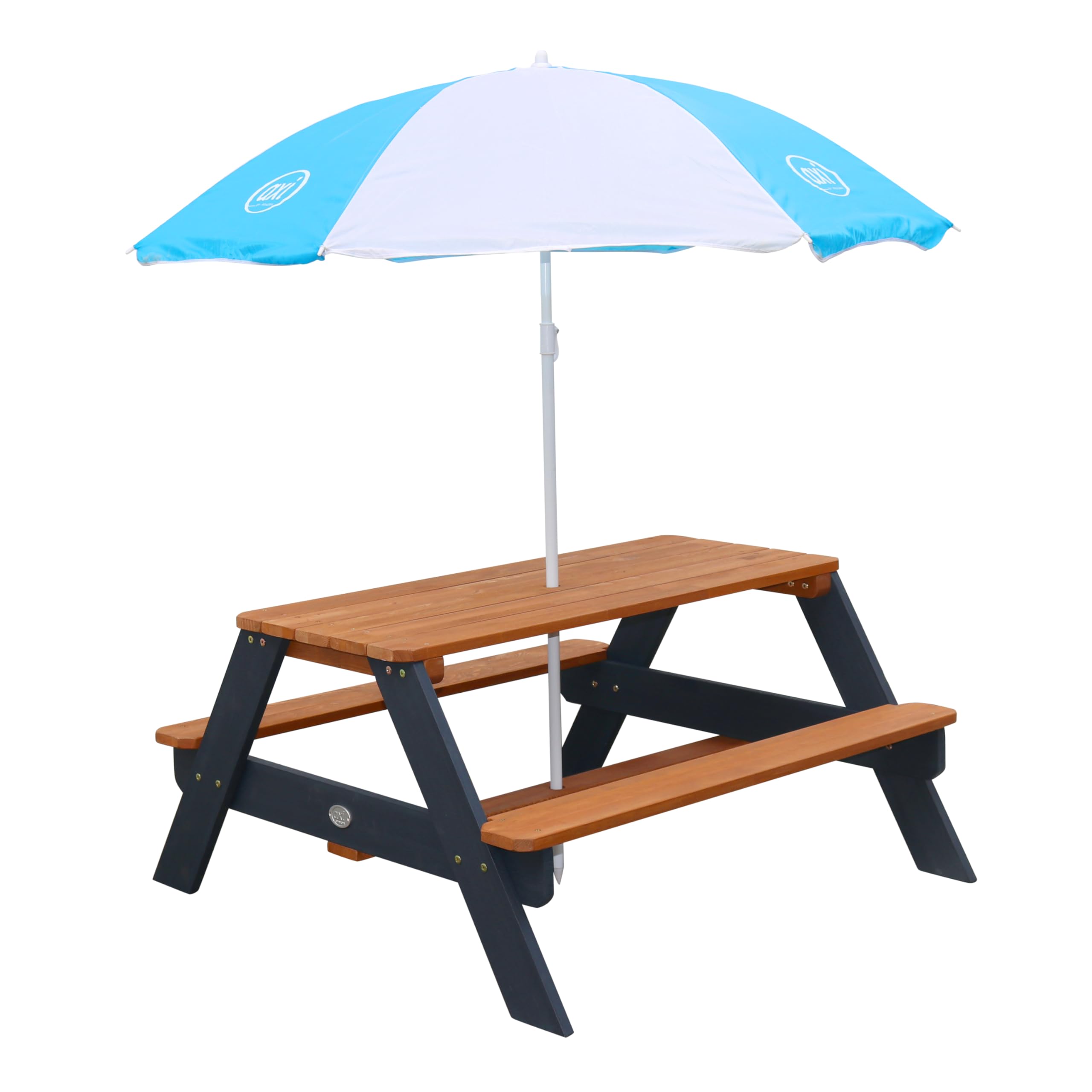 axi-nick-picknicktisch-holz-braun-grau-mit-sonnenschirm-4-kinder image 1