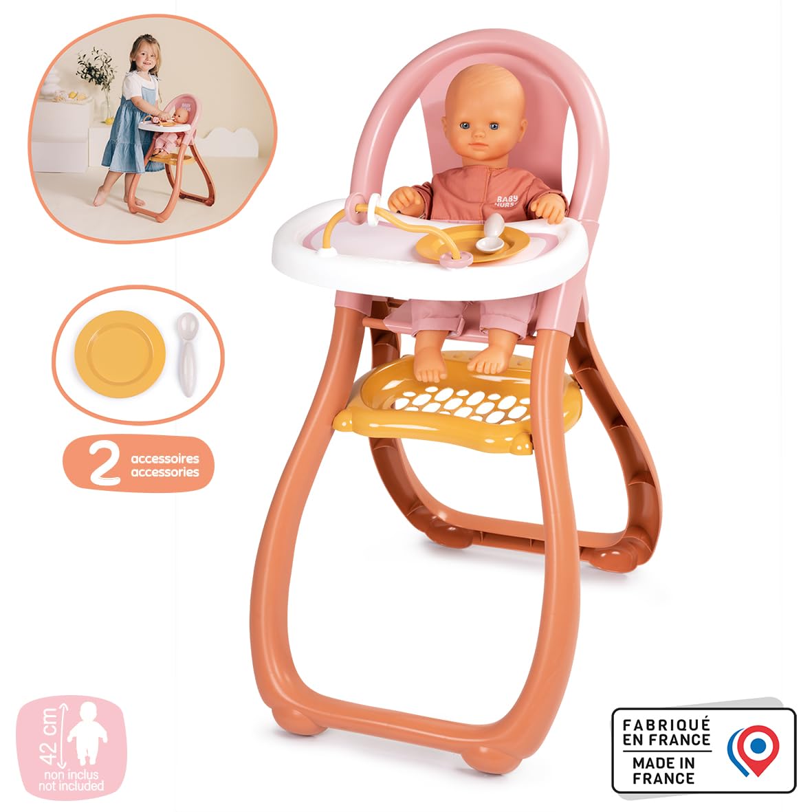 smoby-baby-nurse-puppen-hochstuhl-rosa-mit-teller-und-l-ffel image 2