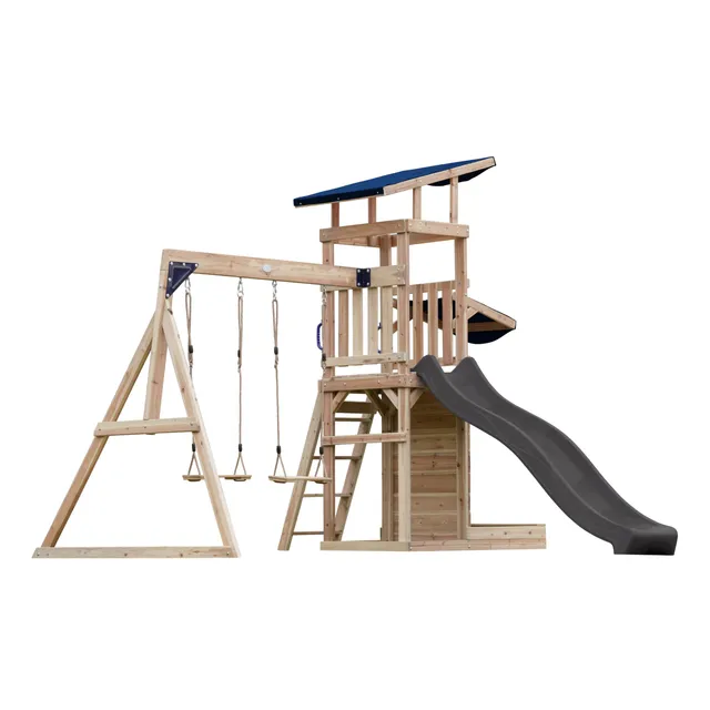 axi-malik-spielturm-holz-grau-mit-rutsche-und-schaukel image 1