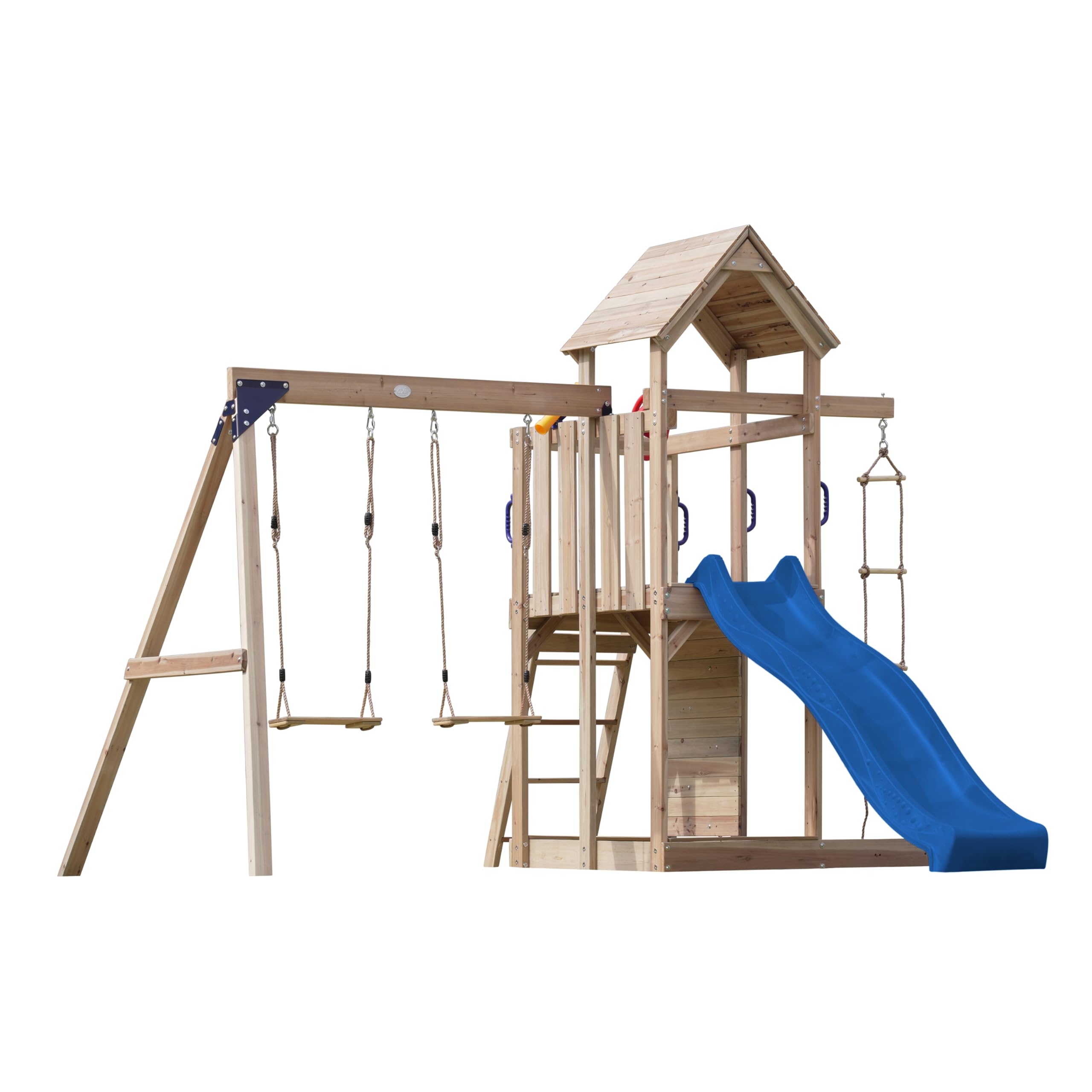 axi-moos-spielturm-holz-blaue-rutsche-doppelschaukel-sandkasten image 2