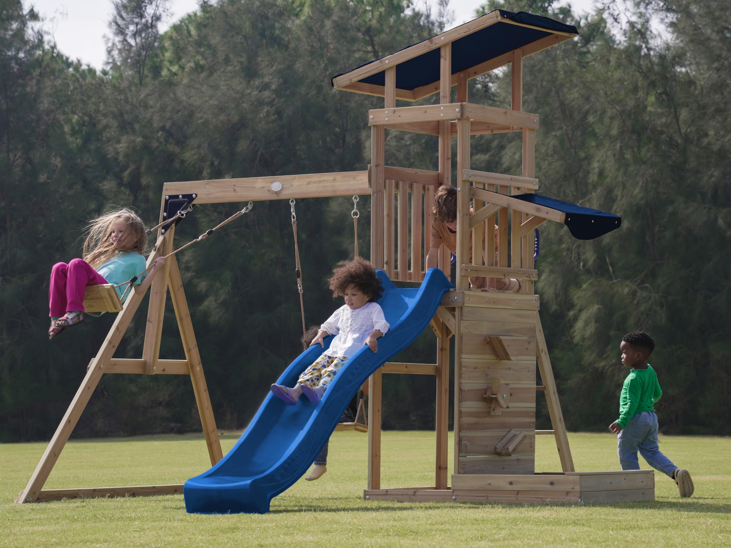 axi-malik-spielturm-holz-blau-mit-rutsche-und-schaukel image 4