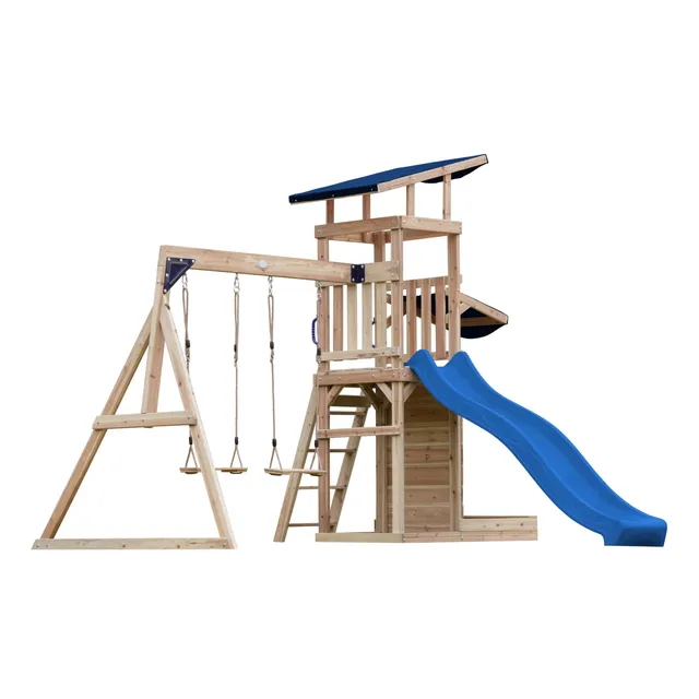 axi-malik-spielturm-holz-blau-mit-rutsche-und-schaukel image 1