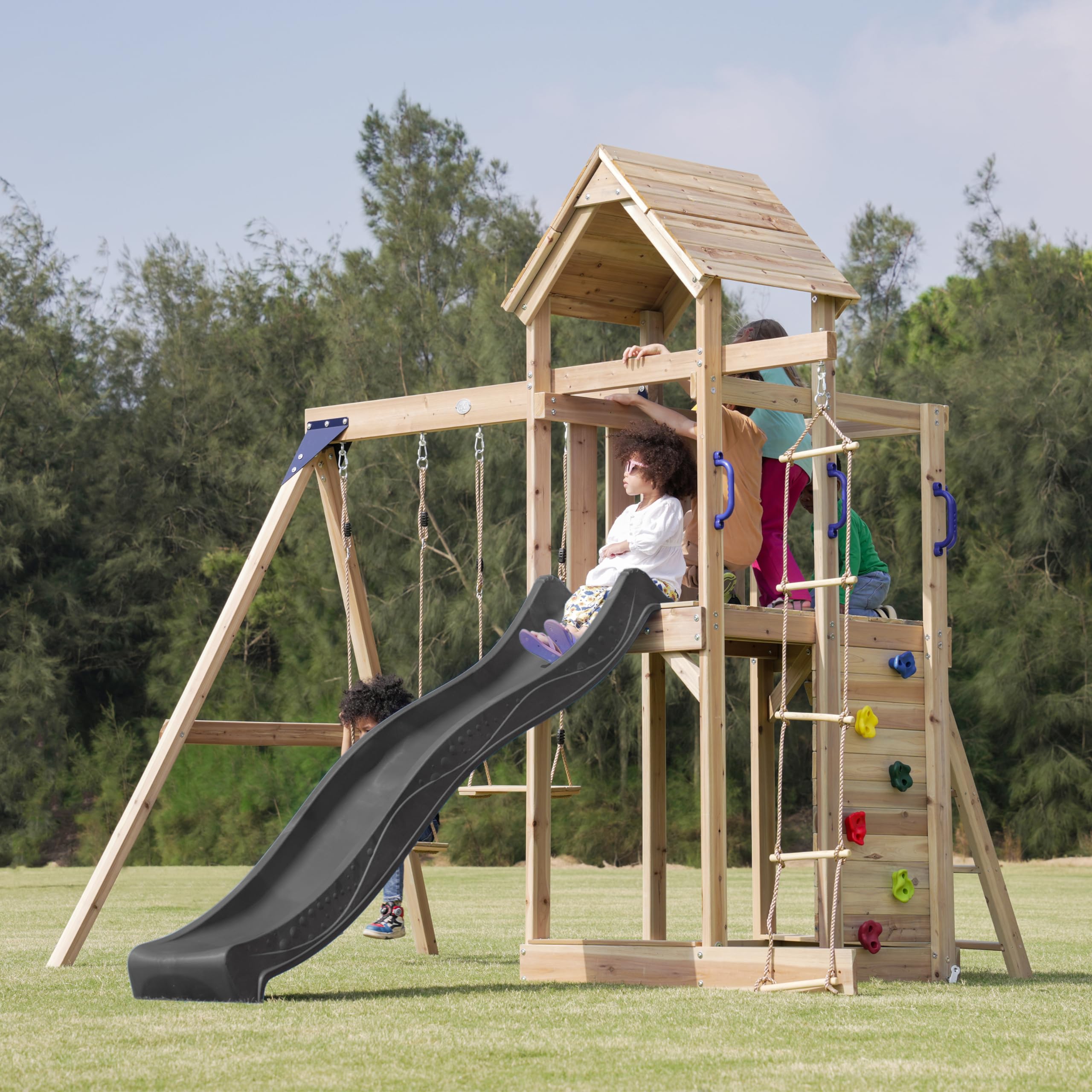 axi-moos-spielturm-holz-graue-rutsche-doppelschaukel-sandkasten image 3