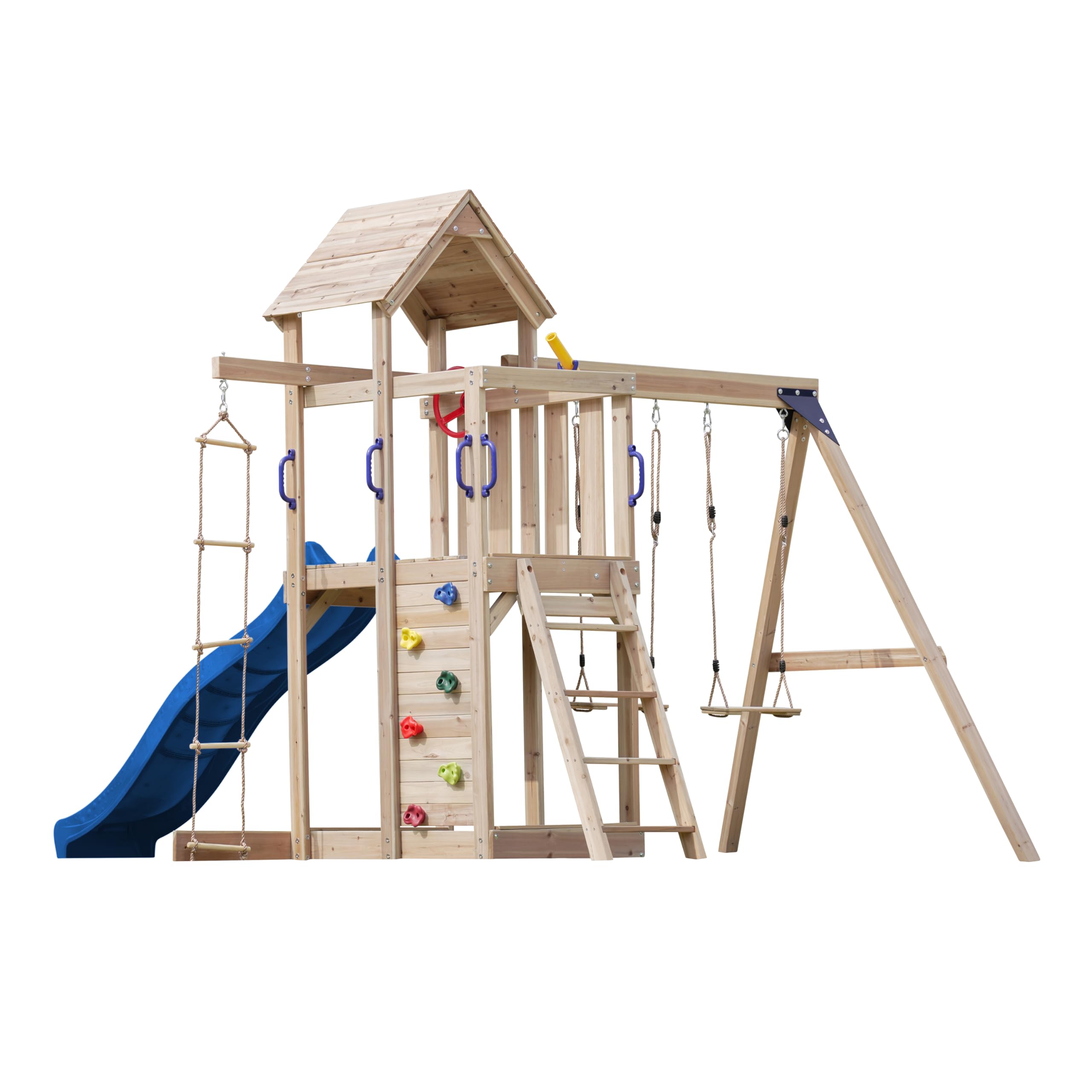axi-moos-spielturm-holz-blaue-rutsche-doppelschaukel-sandkasten image 6