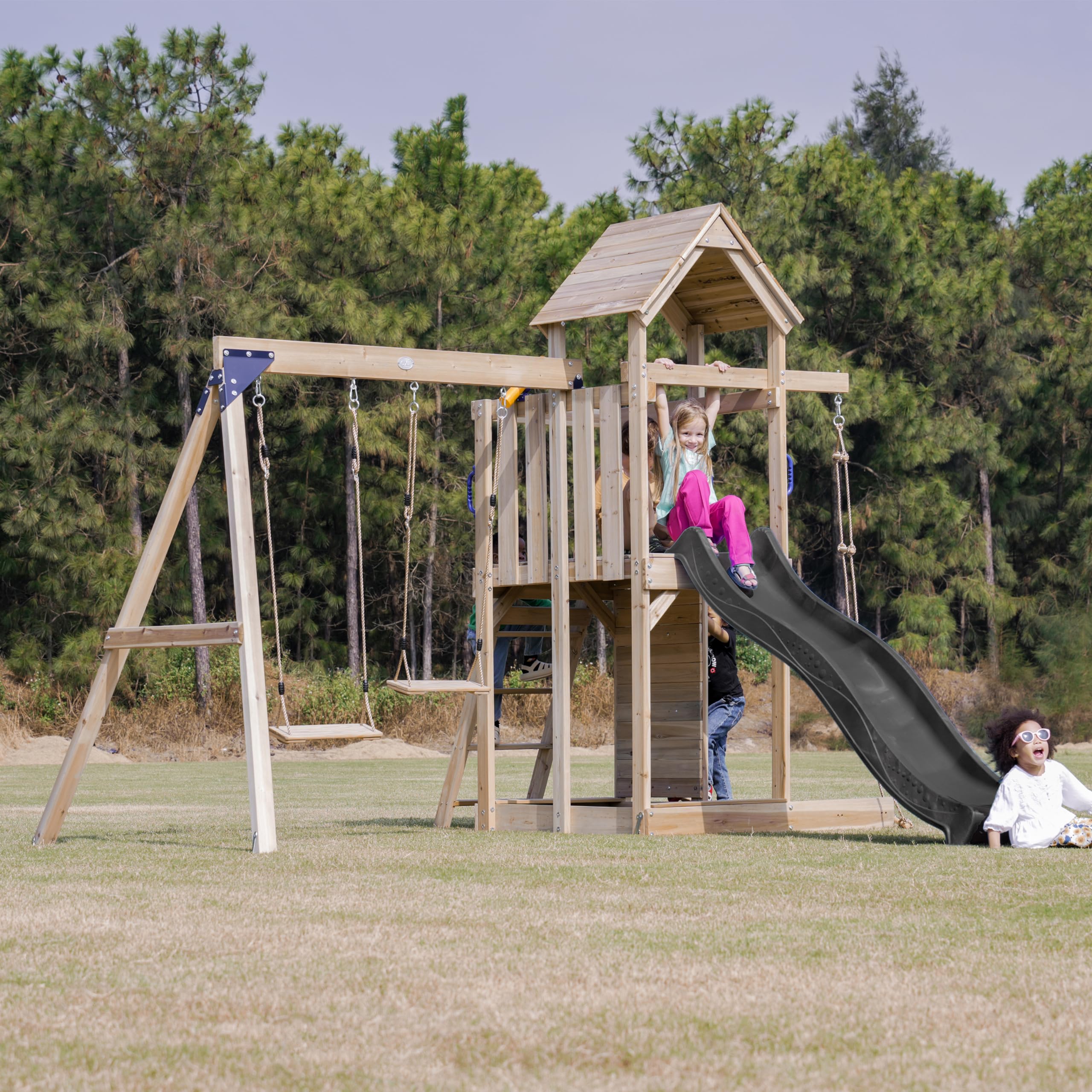 axi-moos-spielturm-holz-graue-rutsche-doppelschaukel-sandkasten image 4