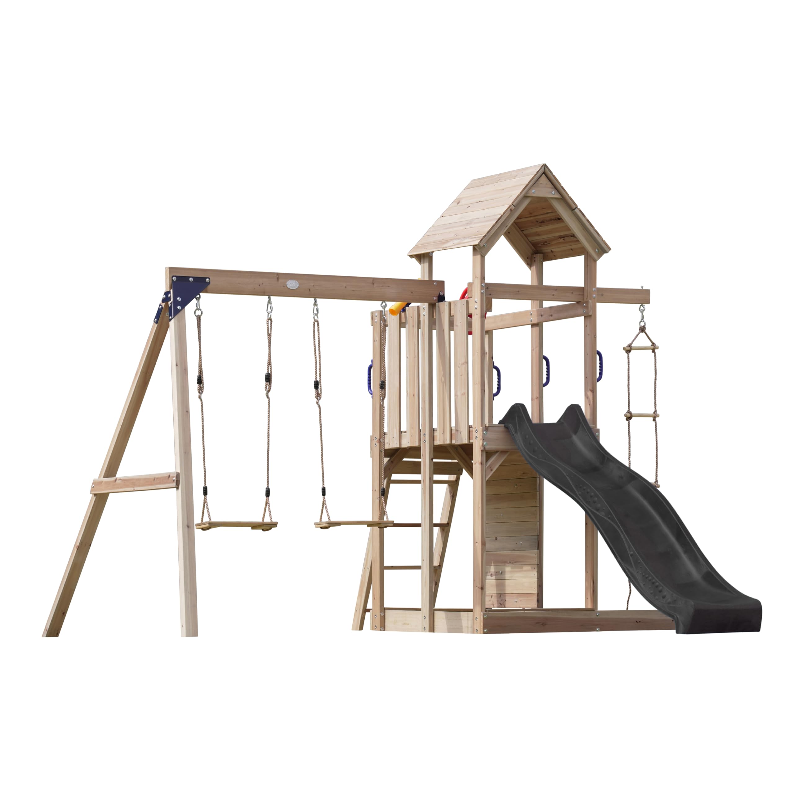 axi-moos-spielturm-holz-graue-rutsche-doppelschaukel-sandkasten image 2