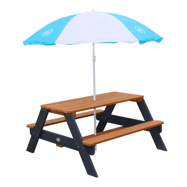 axi-nick-picknicktisch-holz-braun-grau-mit-sonnenschirm-4-kinder image 1