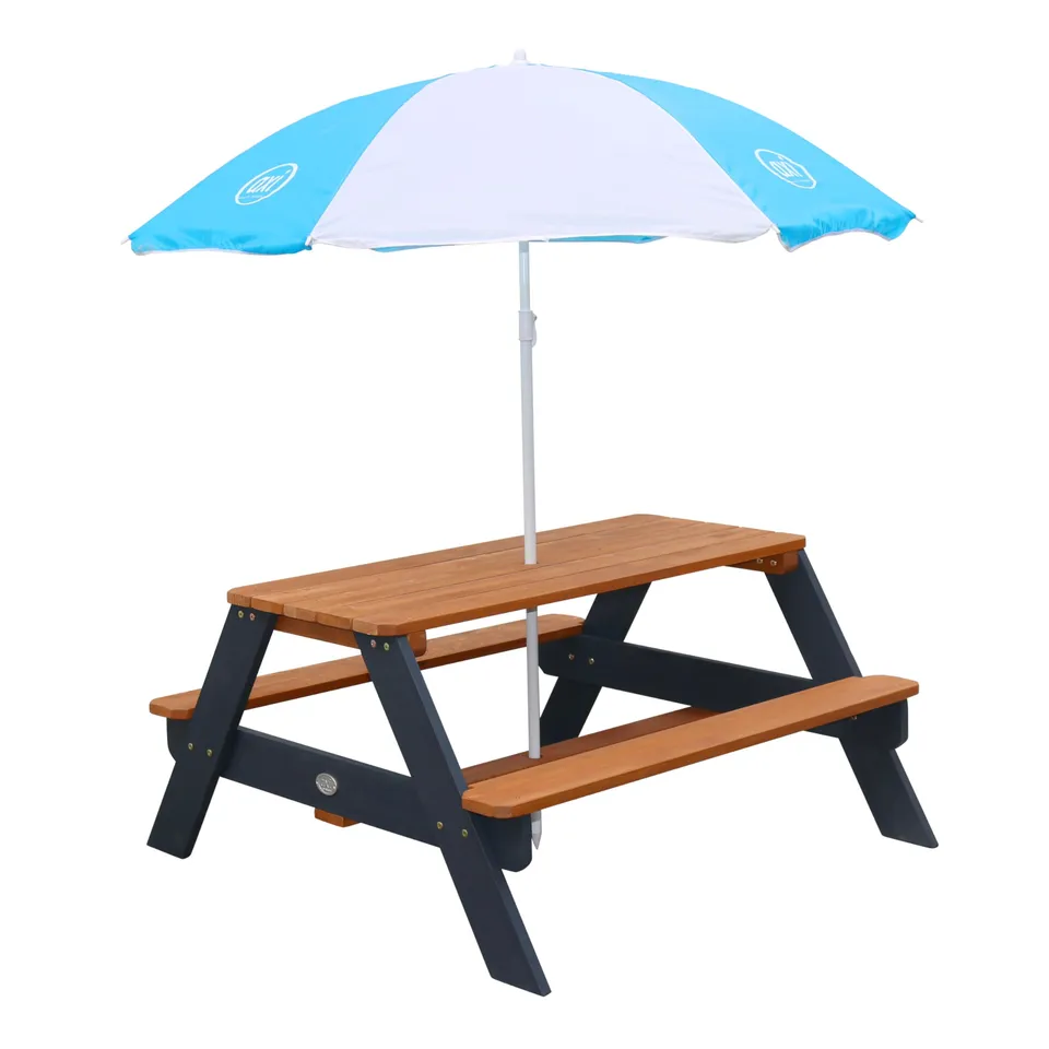 axi-nick-picknicktisch-holz-braun-grau-mit-sonnenschirm-4-kinder image 1
