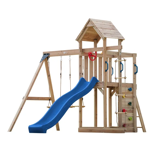 axi-moos-spielturm-holz-blaue-rutsche-doppelschaukel-sandkasten image 1