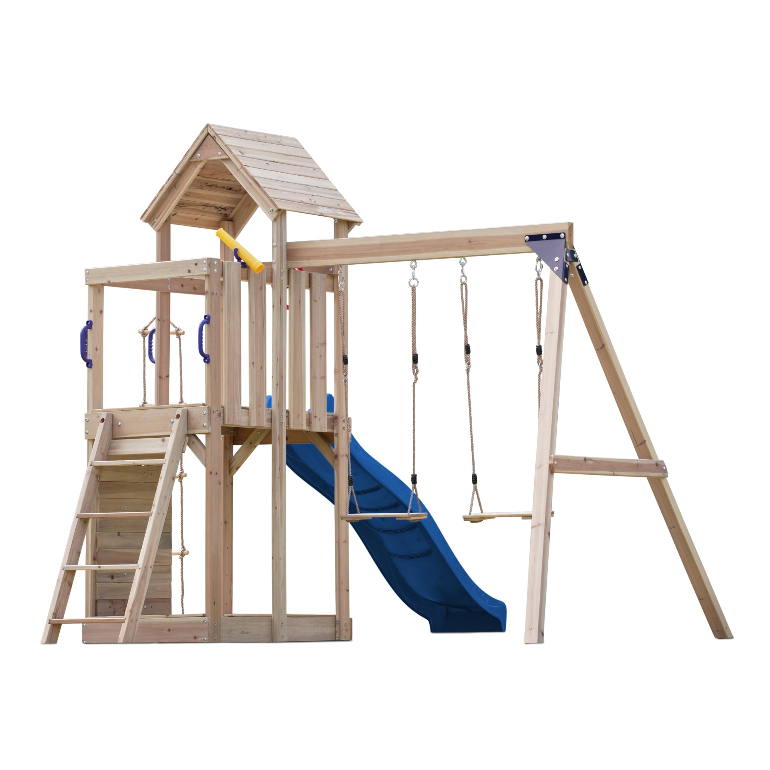 axi-moos-spielturm-holz-blaue-rutsche-doppelschaukel-sandkasten image 7